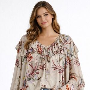 H&M Floral Ruffle Chiffon Blouse Tan Red Boho Oversized Top XL NWT 1016645 4